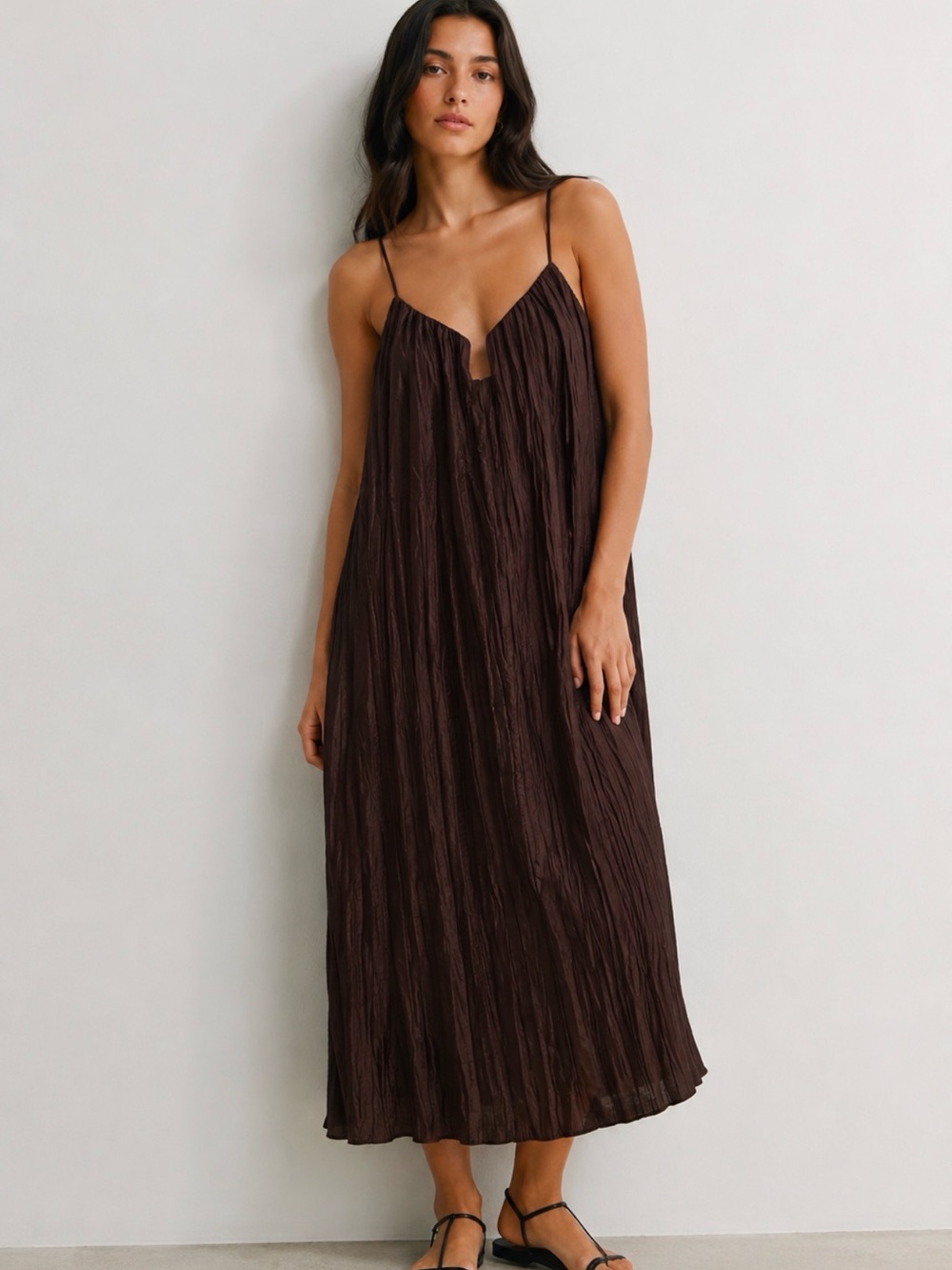 H&M Brown Crinkle Slip Maxi Dress with Spaghetti Straps
